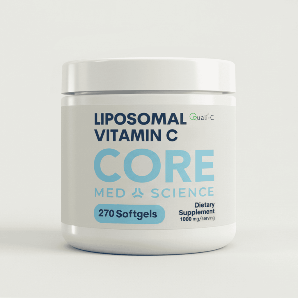 Liposomal Vitamin C softgels by Core Med Science, 270 count bottle, close-up of softgel capsules for immune support and antioxidant benefits.