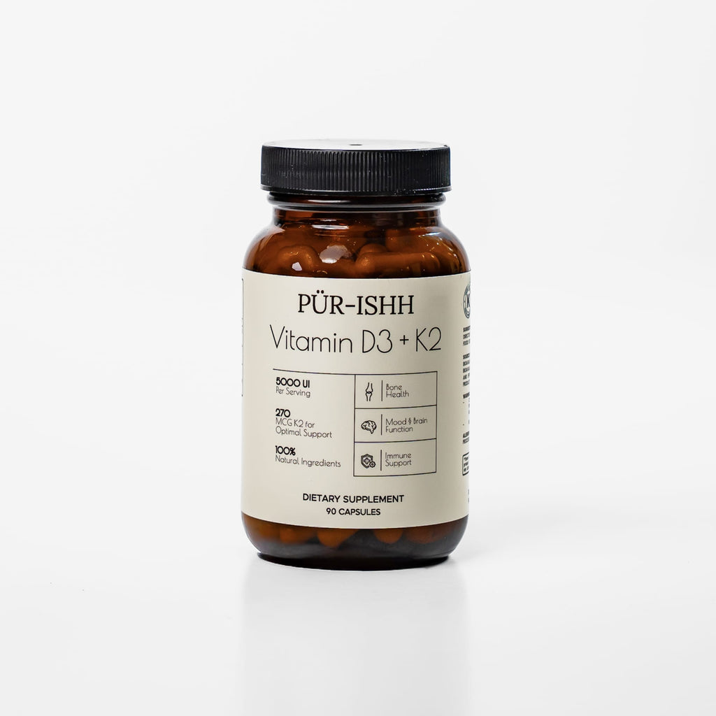 Purishh Vitamin D3 and K2 core supplement bottle with capsules on a clean white background.