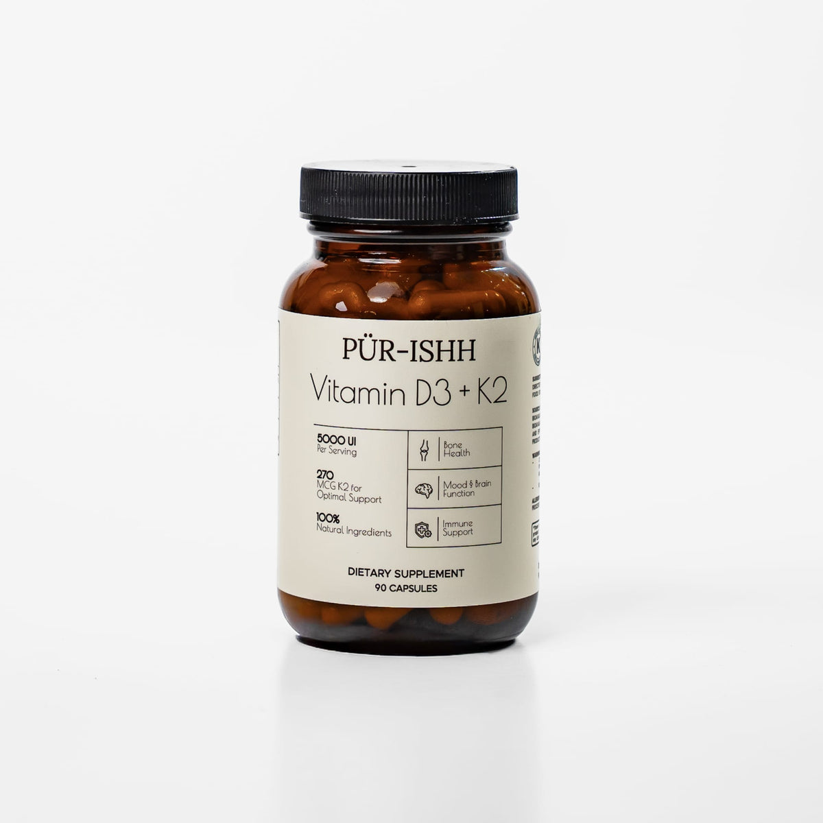 Purishh Vitamin D3 and K2 core supplement bottle with capsules on a clean white background.