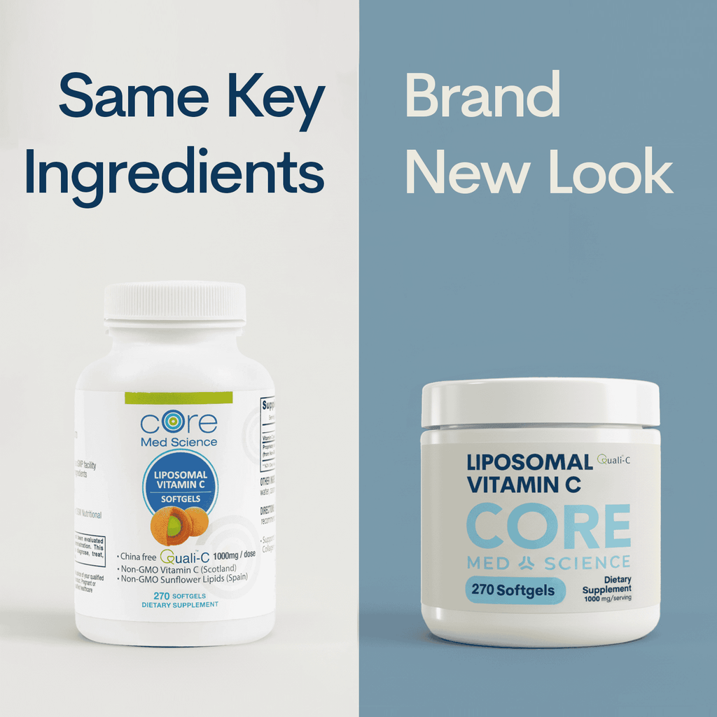 Liposomal Vitamin C softgels by Core Med Science in new and old packaging, showing the softgel capsules and bottle.