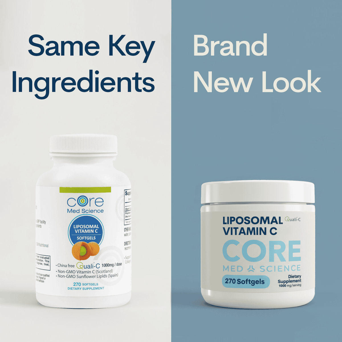 Liposomal Vitamin C softgels by Core Med Science in new and old packaging, showing the softgel capsules and bottle.