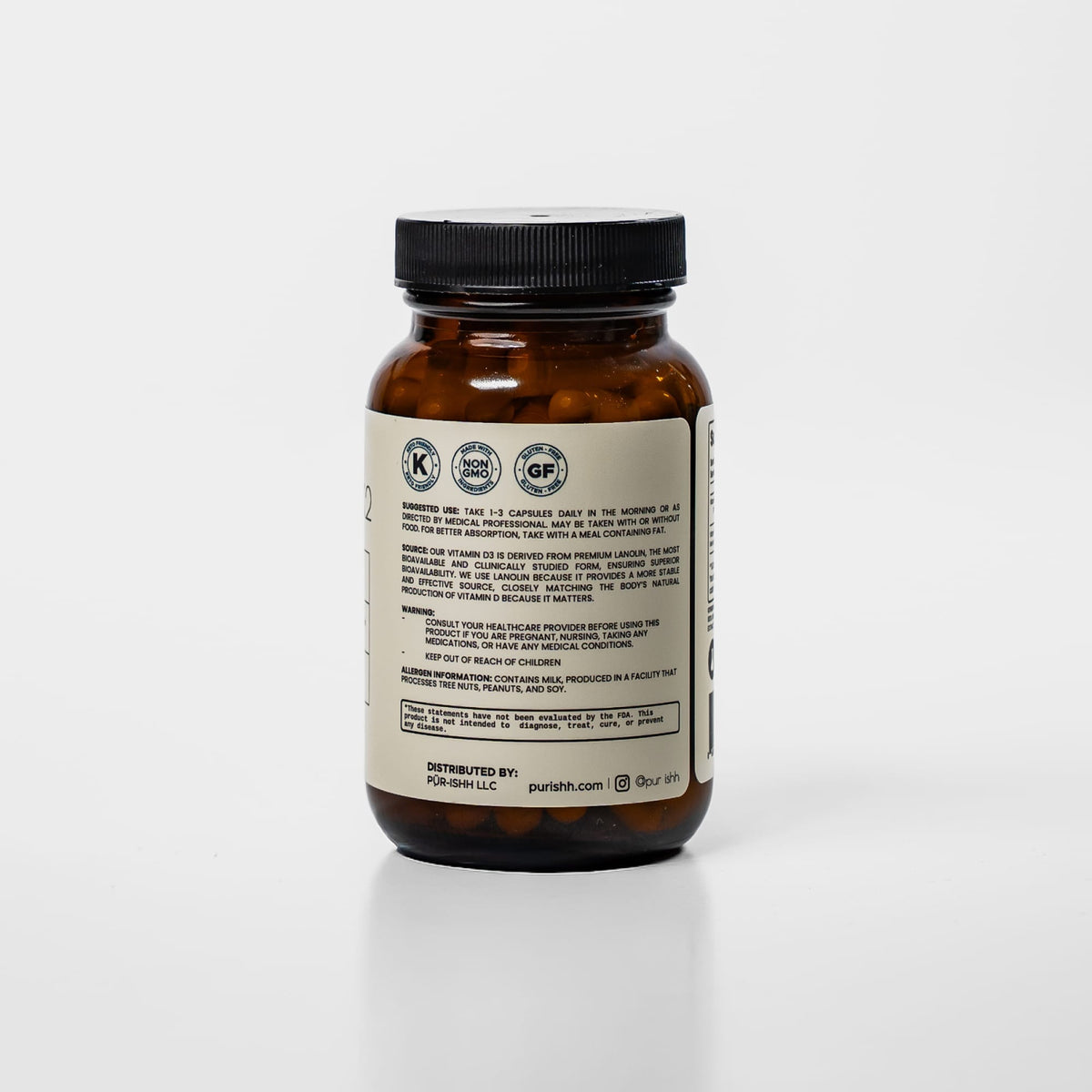 Bottle of Purishh Vitamin D3 and K2 core supplements with capsules, labeled clearly on the front.