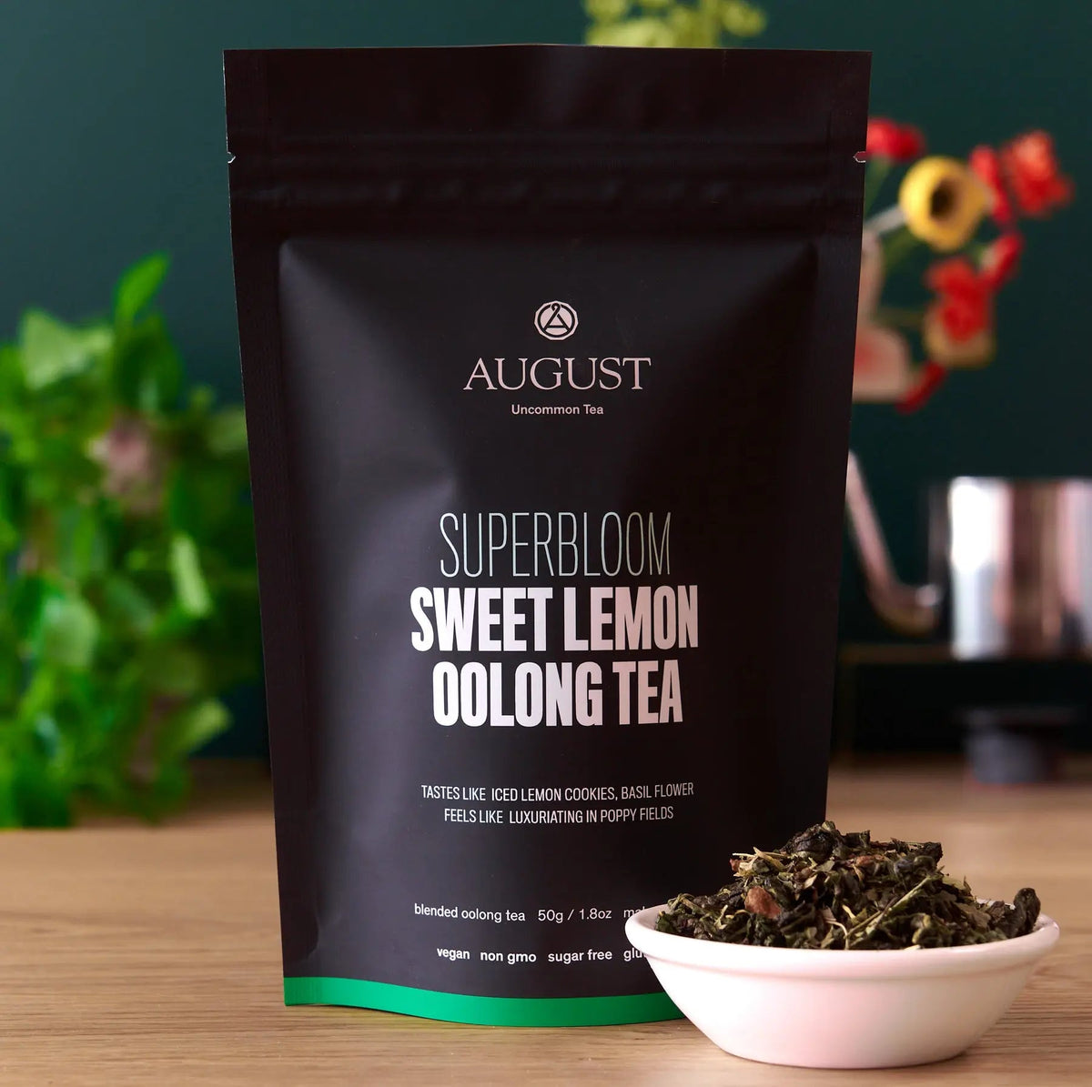 Sweet Lemon Oolong Green Tea from Superbloom by August Uncommon Tea in a 15-cup bag, fresh and aromatic oolong tea leaves.