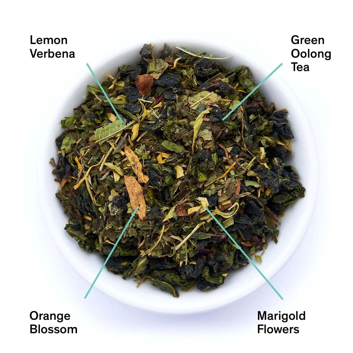 Fresh Sweet Lemon Oolong Green Tea leaves from August Uncommon Tea, showcasing vibrant, dried tea leaves with lemon flavor hints.