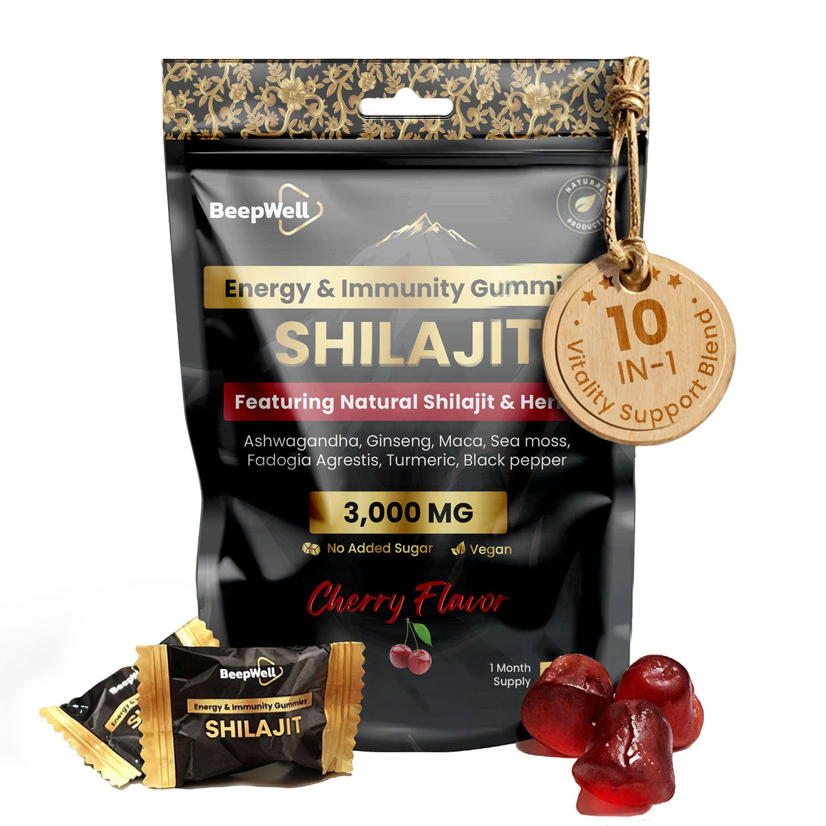BeepWell Himalayan Shilajit Gummies with cherry flavor, 60 herbal wellness gummies containing 3000mg RHE per serving.