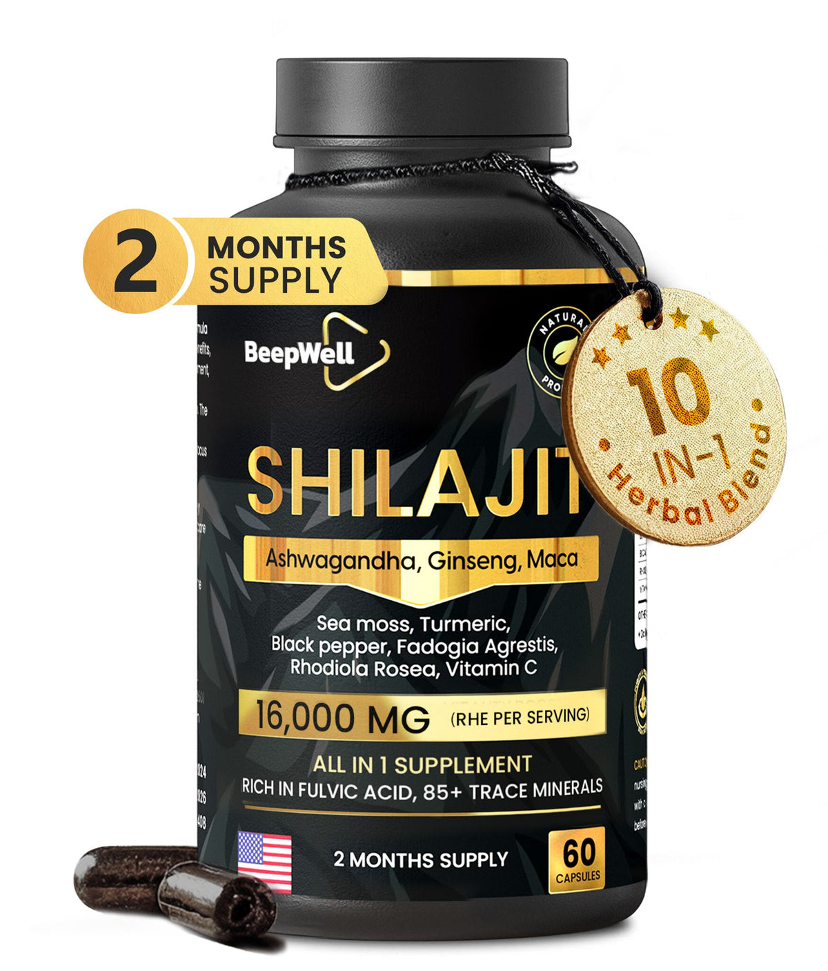 BeepWell Shilajit Capsules 16,000MG with Ashwagandha, Sea Moss, Maca Root, Black Pepper, Fulvic Acid, and trace minerals in capsules
