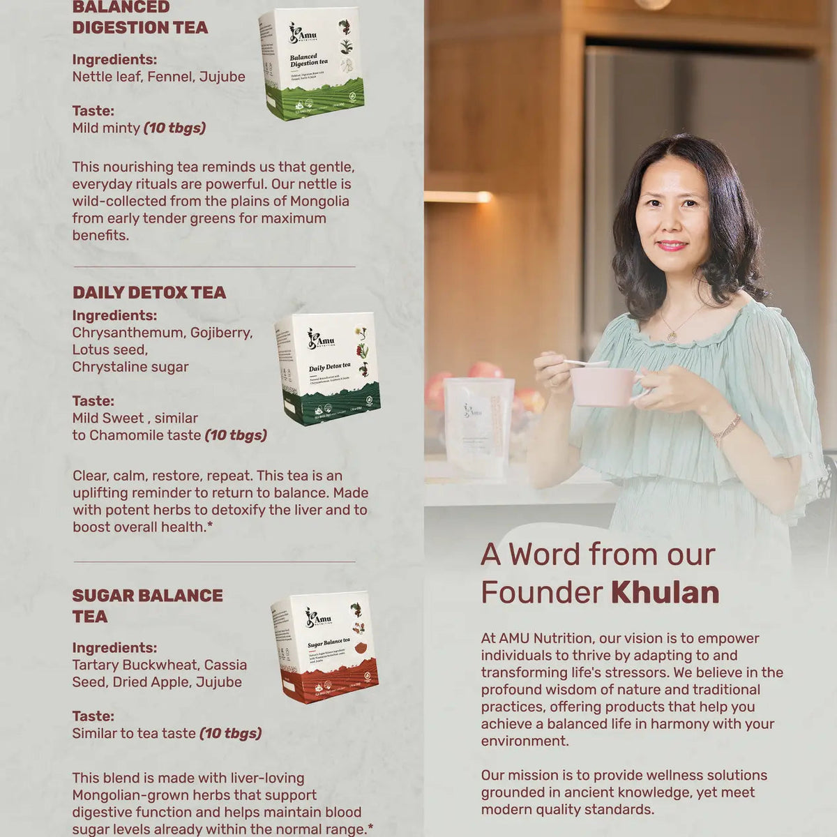 Amu 3-Tea Seasonal Discovery Kit featuring three tea blends in colorful packaging, combining ancient wisdom with modern nutrition.