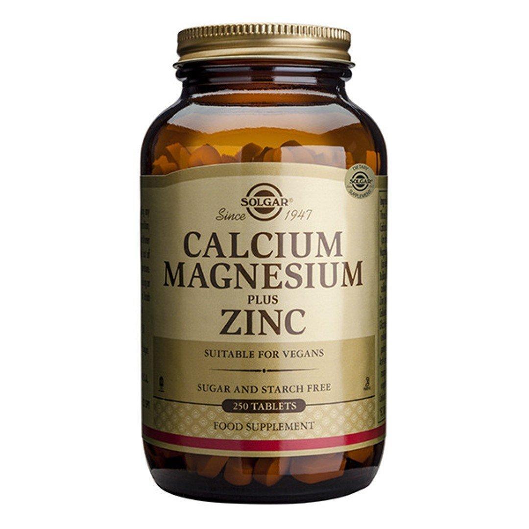 Solgar Calcium Magnesium Plus Zinc supplement bottles with 250 tablets, vitamins and minerals for bone health and overall wellness