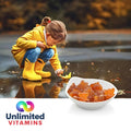 Corn shaped Mega Multivitamins from Your Label, featuring colorful capsules in a clear container.