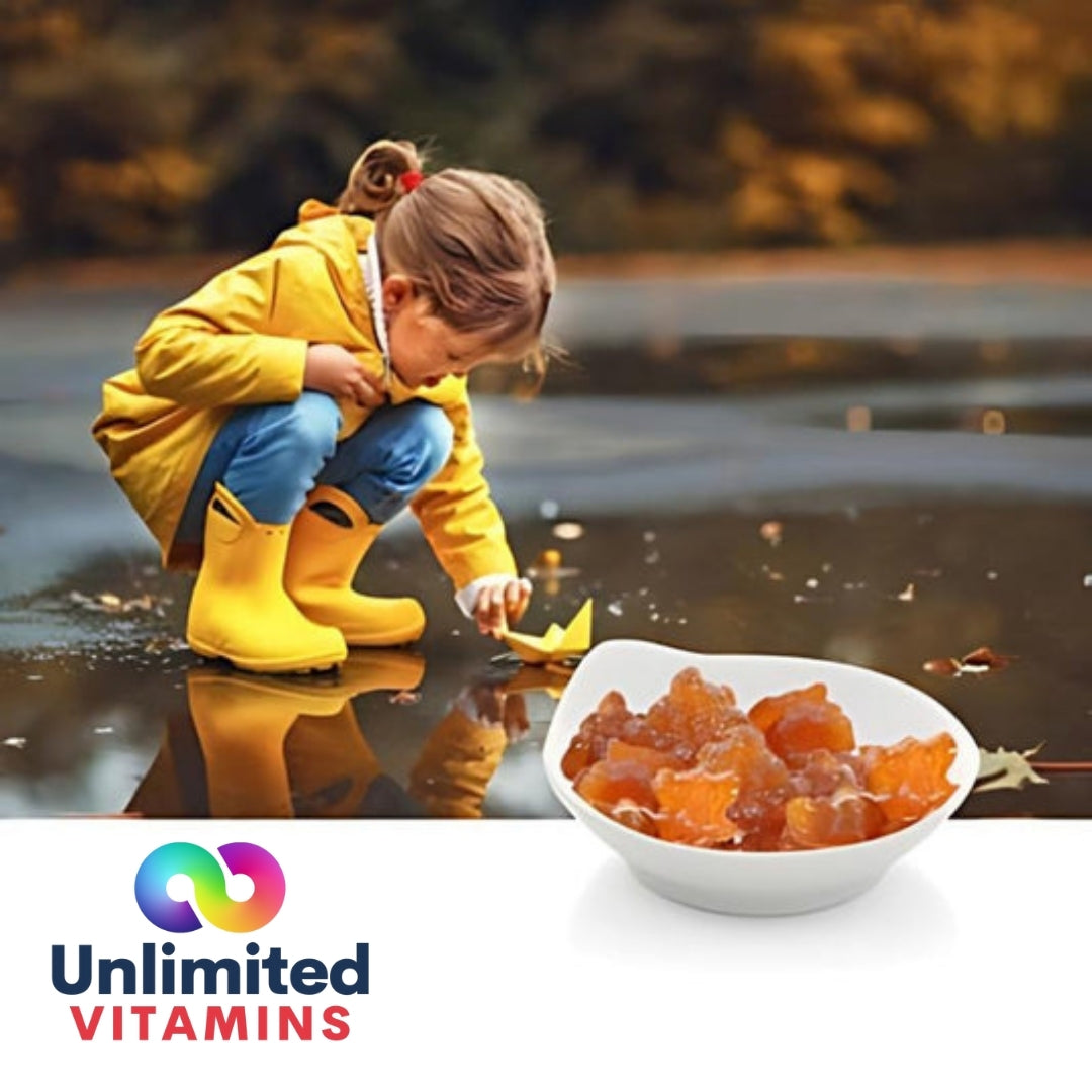 Corn shaped Mega Multivitamins from Your Label, featuring colorful capsules in a clear container.