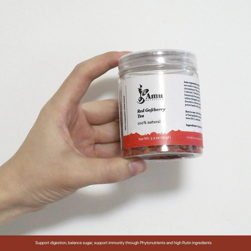Red goji berry tea by Amu, featuring vibrant dried goji berries known for antioxidants, liver, kidney, eye health, and blood support.