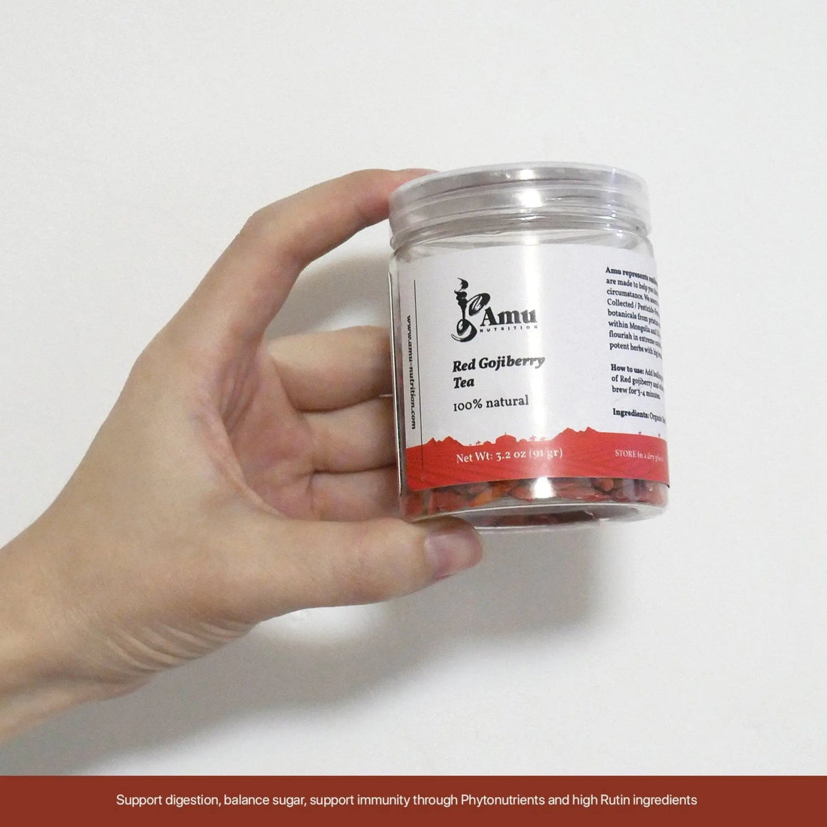 Red goji berry tea by Amu, featuring vibrant dried goji berries known for antioxidants, liver, kidney, eye health, and blood support.