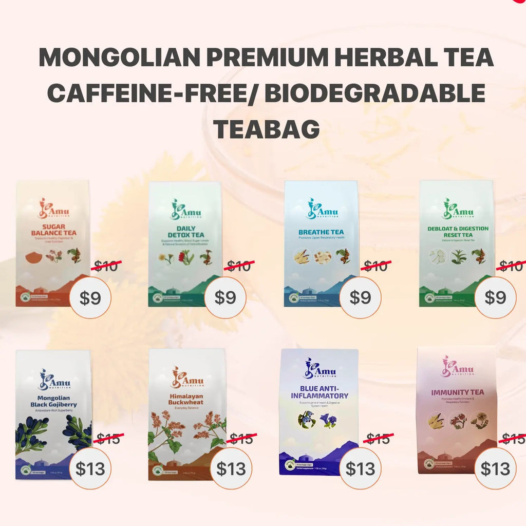 Amu Mongolian Wellness Tea Big Box with 20 sugar cane teabags, featuring traditional herbal tea blends in colorful packaging.