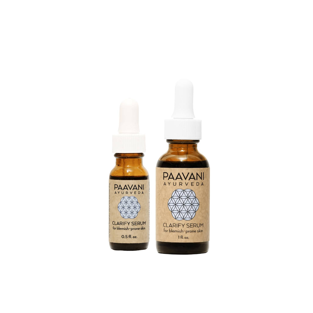 Paavani Ayurveda Clarify Serum, an Ayurvedic face oil for blemish-prone skin, shown in a simple glass bottle with dropper.