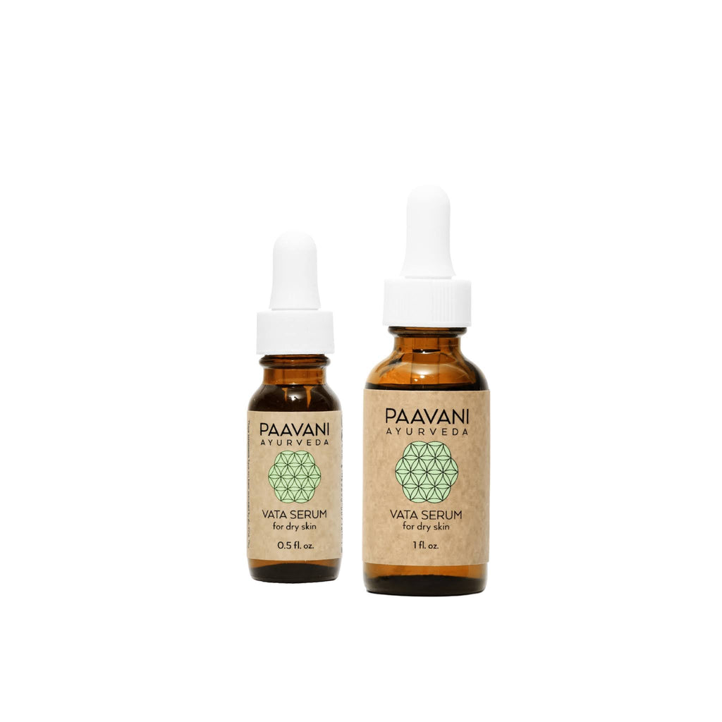 Paavani Ayurveda Vata Serum, a simple Ayurvedic face oil for dry, delicate skin, shown in a glass bottle with a dropper.