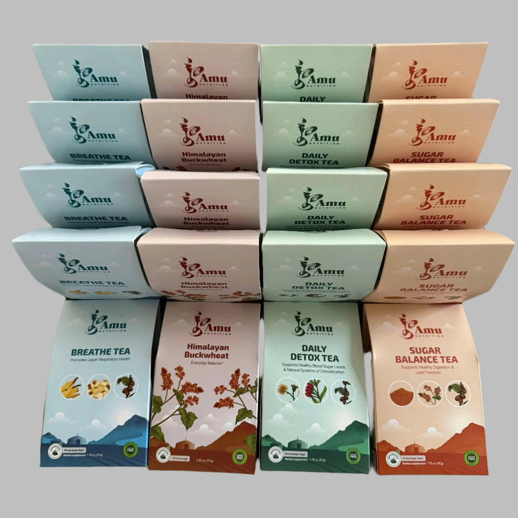 Amu Mongolian Wellness Tea Big Box with 20 sugar cane teabags, featuring traditional herbal tea blends for wellness.