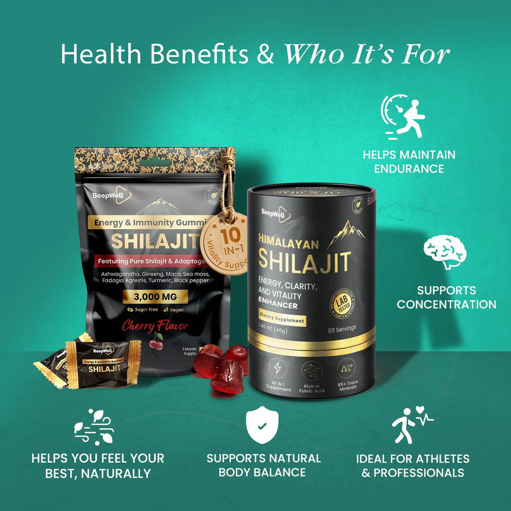 BeepWell Shilajit resin and gummies combo with ashwagandha, featuring natural vegan supplements with no added sugar.