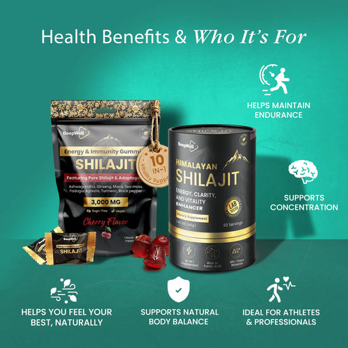 BeepWell Shilajit resin and gummies combo with ashwagandha, featuring natural vegan supplements with no added sugar.