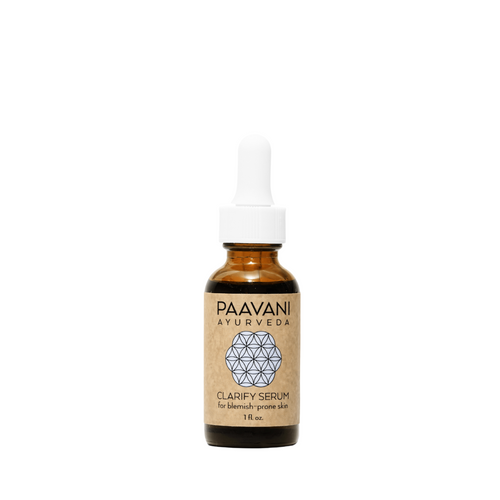 Paavani Ayurveda Clarify Serum, an Ayurvedic face oil, shown in a simple bottle for blemish-prone skin.