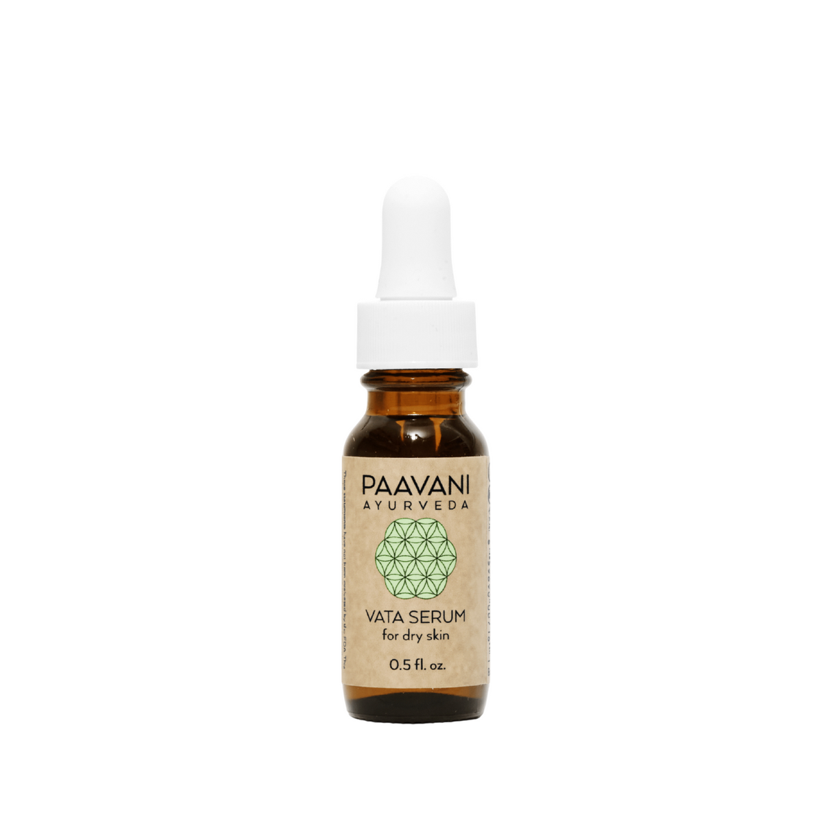 Paavani Ayurveda Vata Serum, Ayurvedic face oil for dry, delicate skin, in a simple glass bottle with a dropper.