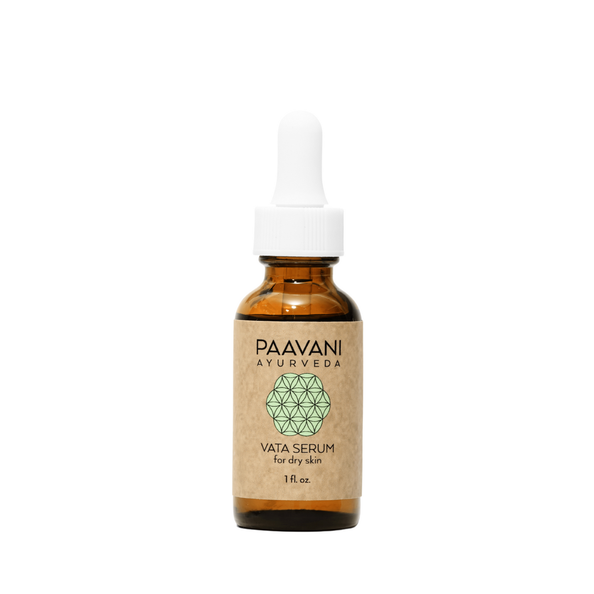 Vata Serum Ayurvedic face oil for dry, delicate skin by Paavani Ayurveda Skincare, featuring a dropper bottle with serum.