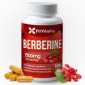 FreshDrinkUS herbal supplement bottle featuring premium Berberine, non-GMO and gluten-free, in a clear container with a green label.