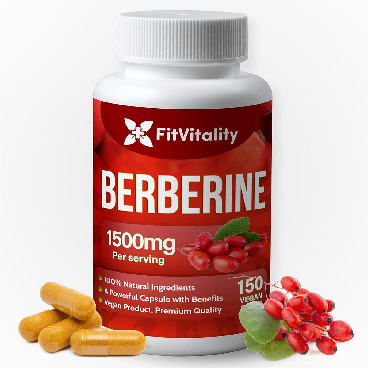 FreshDrinkUS herbal supplement bottle featuring premium Berberine, non-GMO and gluten-free, in a clear container with a green label.