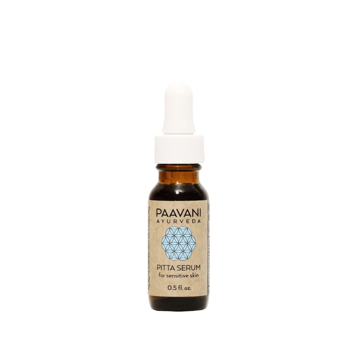 Paavani Ayurveda Pitta Serum, Ayurvedic face oil for sensitive skin, featuring a dropper with light-colored serum in a glass bottle.