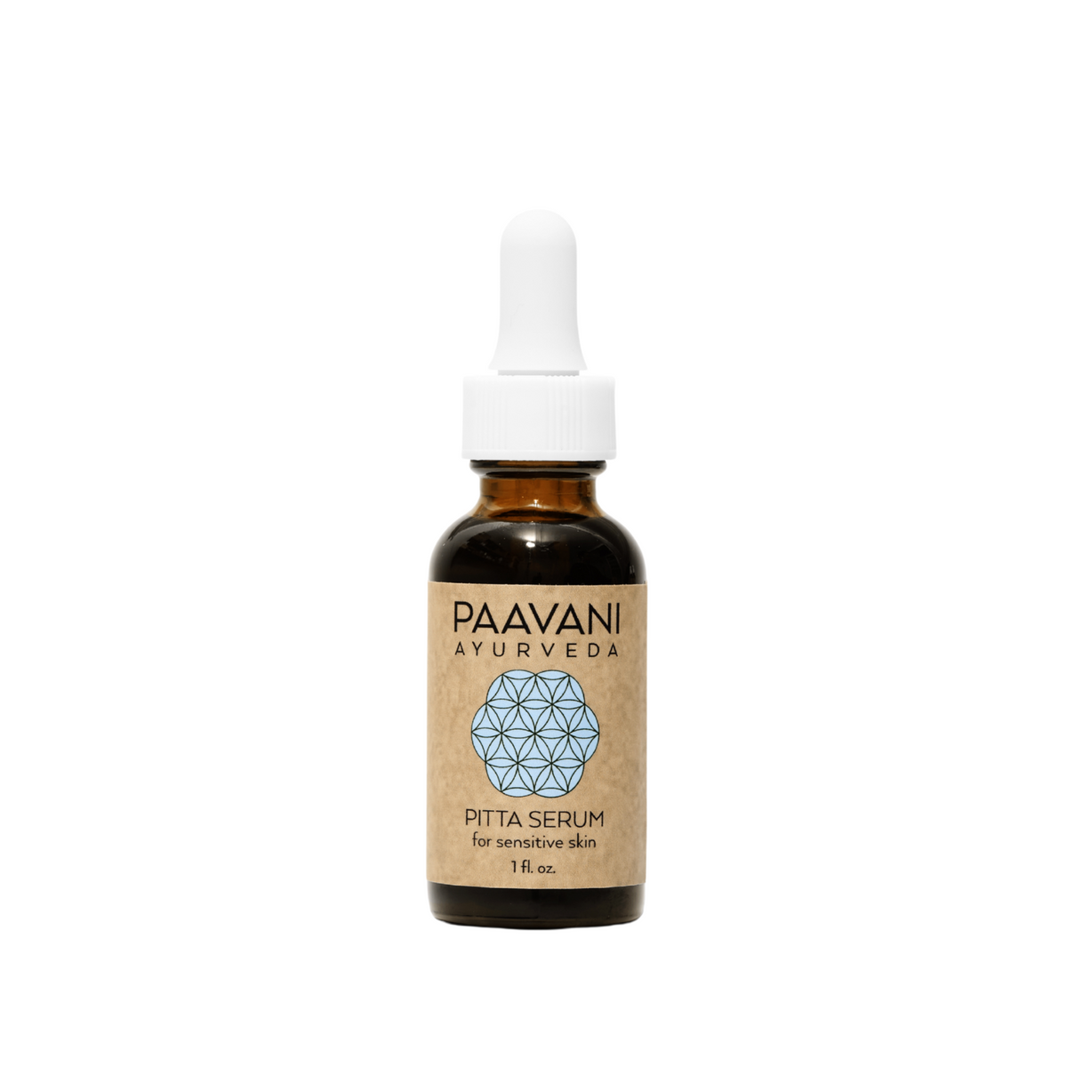 Pitta Serum Ayurvedic face oil for sensitive skin by Paavani Ayurveda, showing a glass bottle with dropper and natural ingredients.