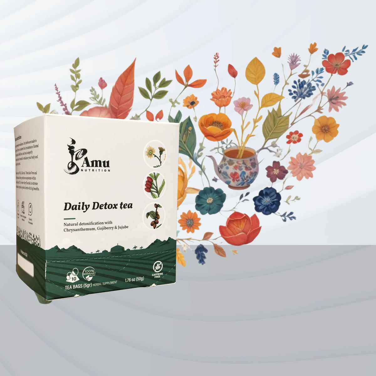 Amu Mongolian Wellness Tea Big Box with 20 sugar cane teabags, showcasing colorful packaging and tea infuser bags.