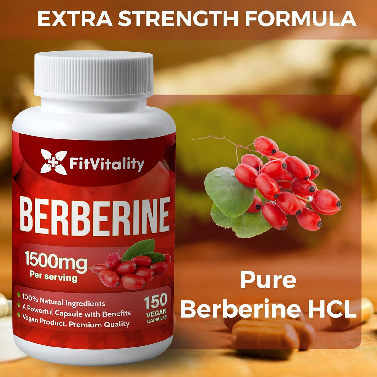 FreshDrinkUS premium herbal berberine supplement in capsule form, non-GMO and gluten-free for health and wellness.