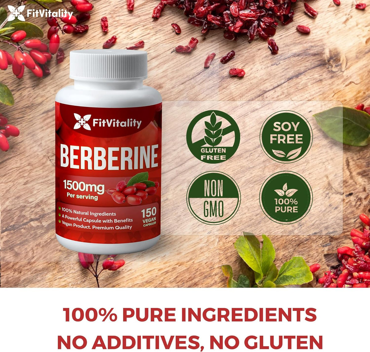 Bottle of FreshDrinkUS herbal supplement with Berberine, non-GMO, gluten-free, in a clear container with a green label.