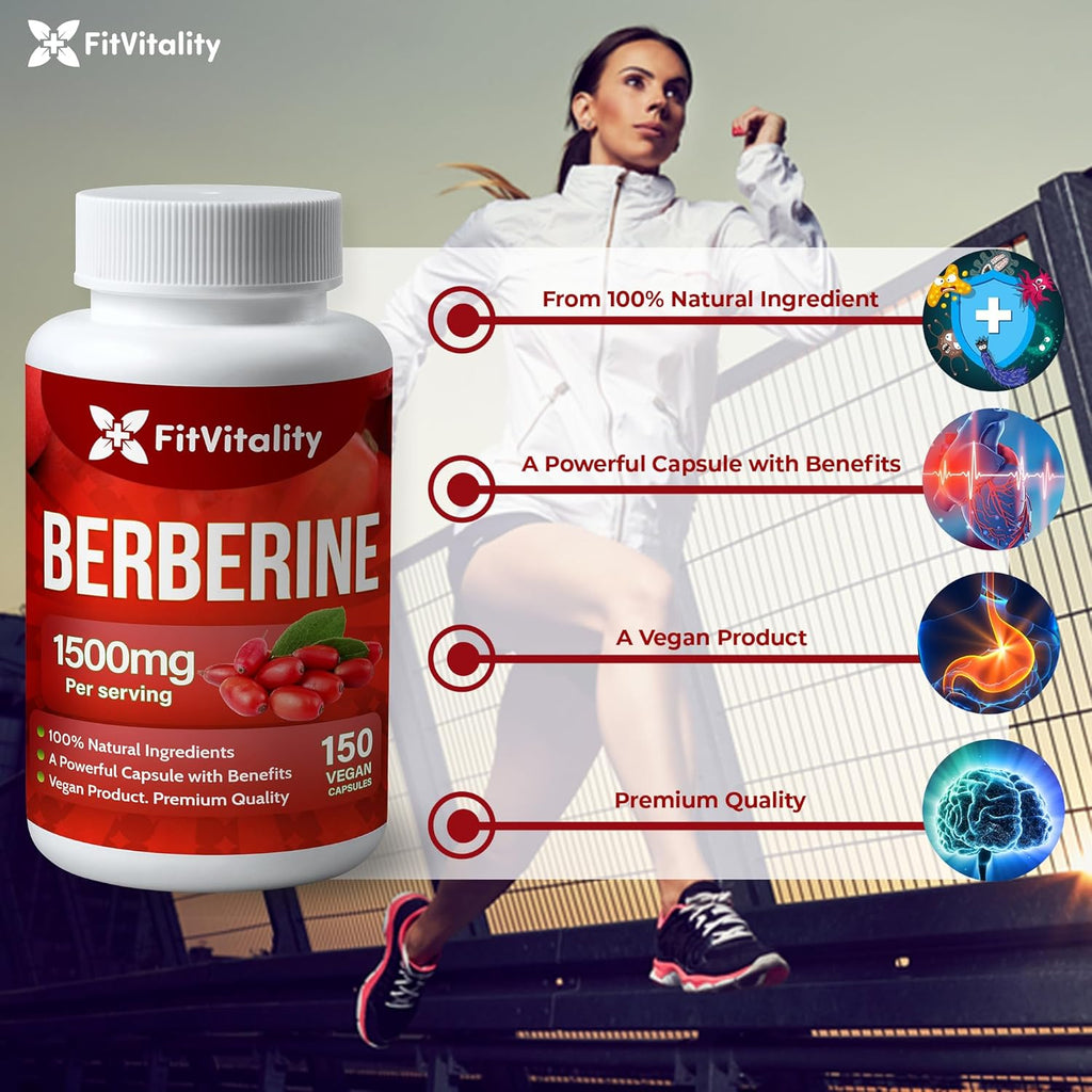 Bottle of FreshDrinkUS Premium Berberine herbal supplement, Non-GMO, gluten-free, with capsules on a white background.