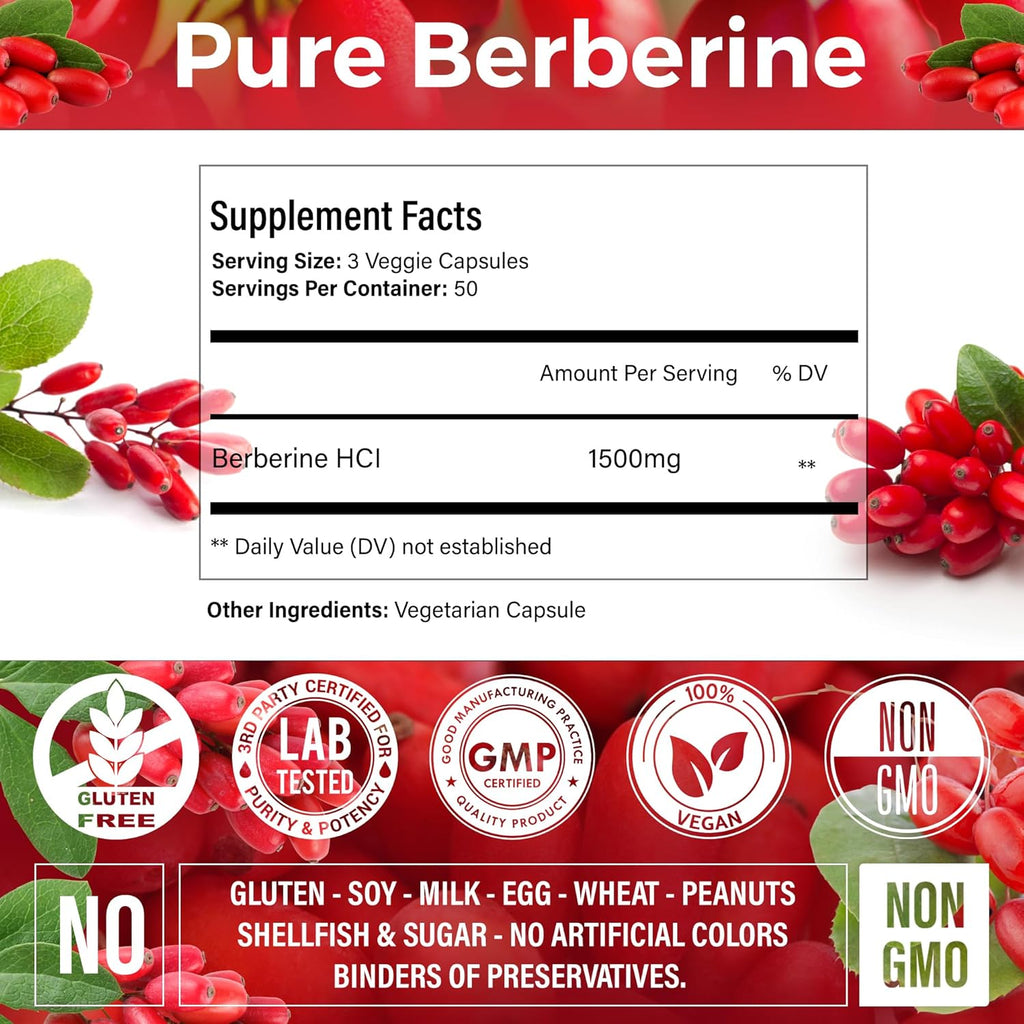 Premium Berberine supplement bottle from FreshDrinkUS, herbal supplement, non-GMO, gluten-free, with capsules in a white bottle.
