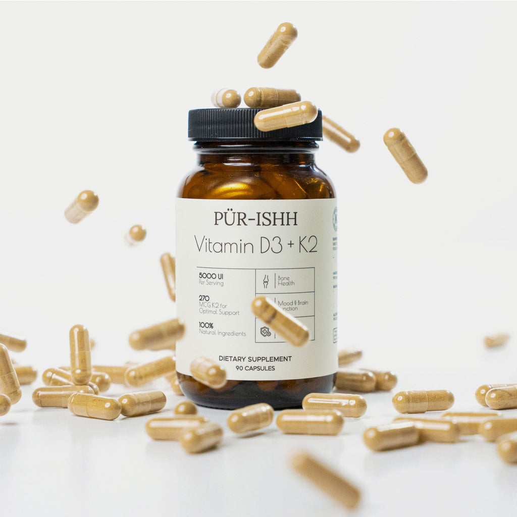 Purishh Vitamin D3 & K2 Core Supplements bottle with label, showing supplement capsules and branding.