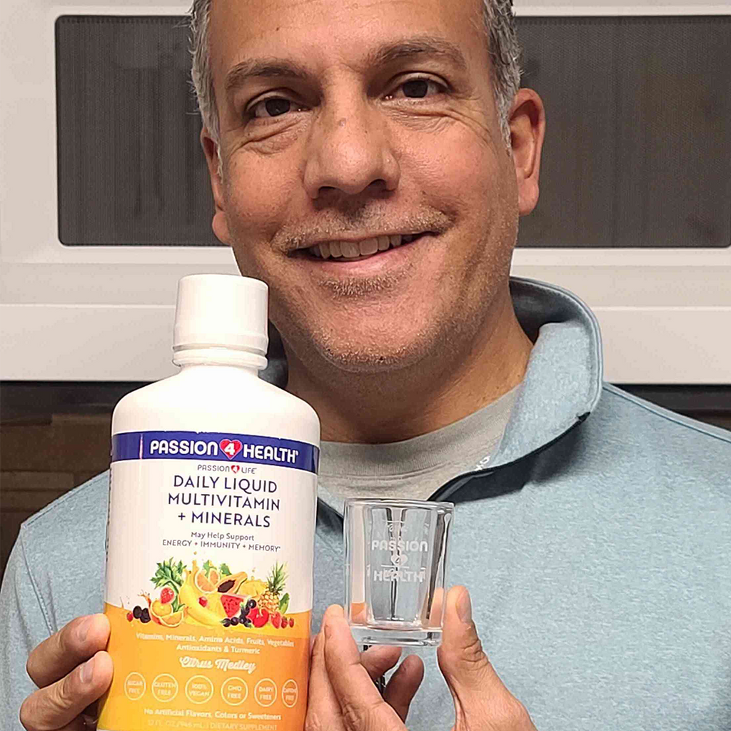 Passion 4 Health Daily Liquid Multivitamin + Minerals pack showing bottles of multivitamin liquid supplement on a white background