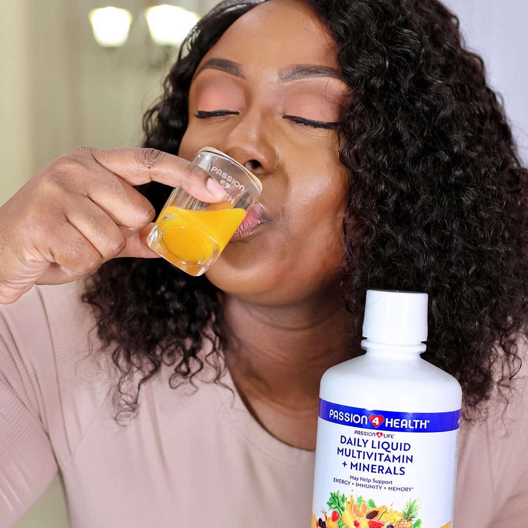 Passion 4 Health Daily Liquid Multivitamin with minerals in a 1-pack, featuring a colorful bottle and dropper for easy use.