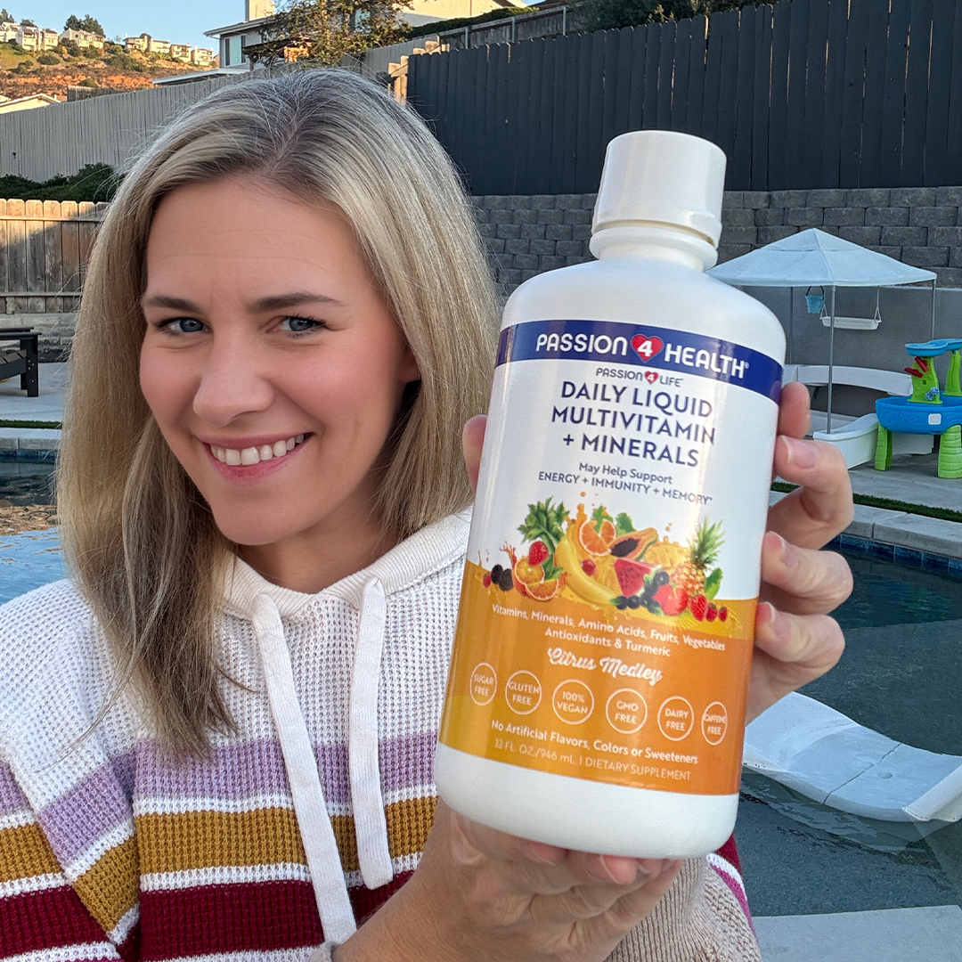 Bottle of Passion 4 Health Daily Liquid Multivitamin + Minerals in a 1-pack, with colorful label and dropper for easy dosing.
