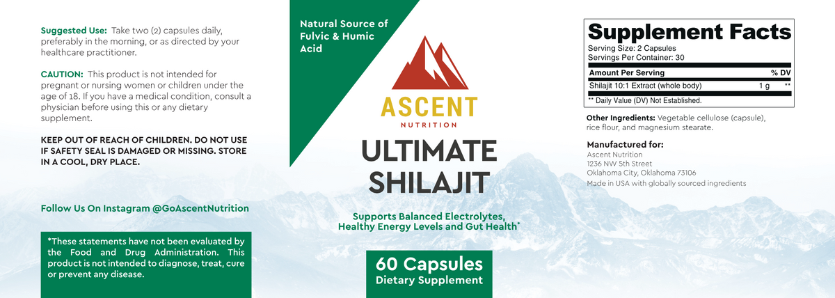 Image of Ascent Nutrition's Ultimate Shilajit capsules, 60 count, 1g each, showing the supplement bottle and capsules.