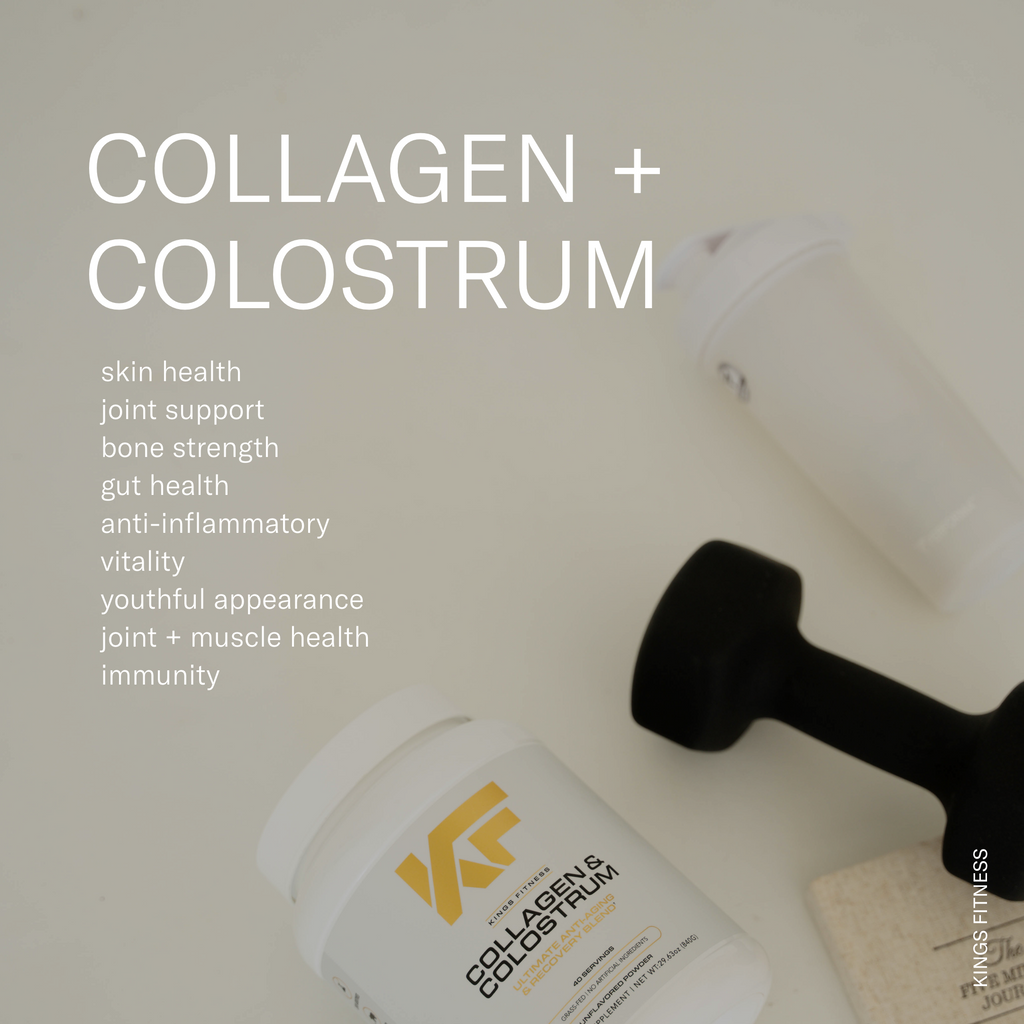 King's Fitness Collagen and Colostrum supplement bottle featuring labels highlighting anti-aging and recovery benefits.
