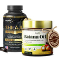 BeepWell Shilajit capsules and Batana oil combo showing 60 capsules and 4.2 fl oz unrefined Batana oil for hair and wellness.