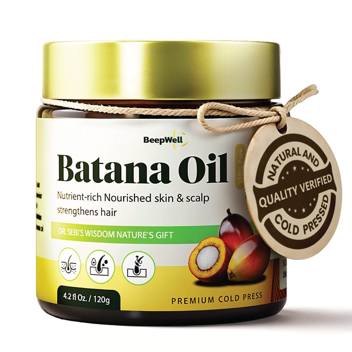 BeepWell natural batana oil from Honduras in a 4.2 fl oz bottle for hair and scalp nourishment, unrefined, hydrating hair treatment