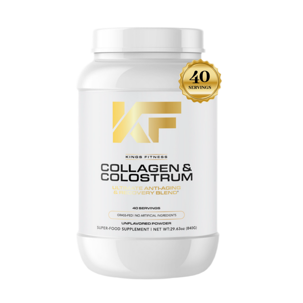 Bottle of Kings Fitness Collagen and Colostrum supplement for anti-aging and recovery, with scoop and label visible.