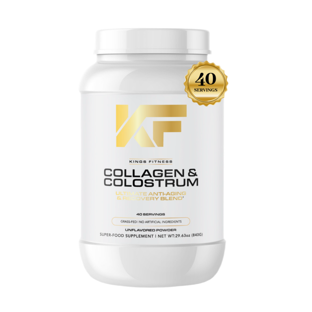 Bottle of Kings Fitness Collagen and Colostrum supplement for anti-aging and recovery, with scoop and label visible.