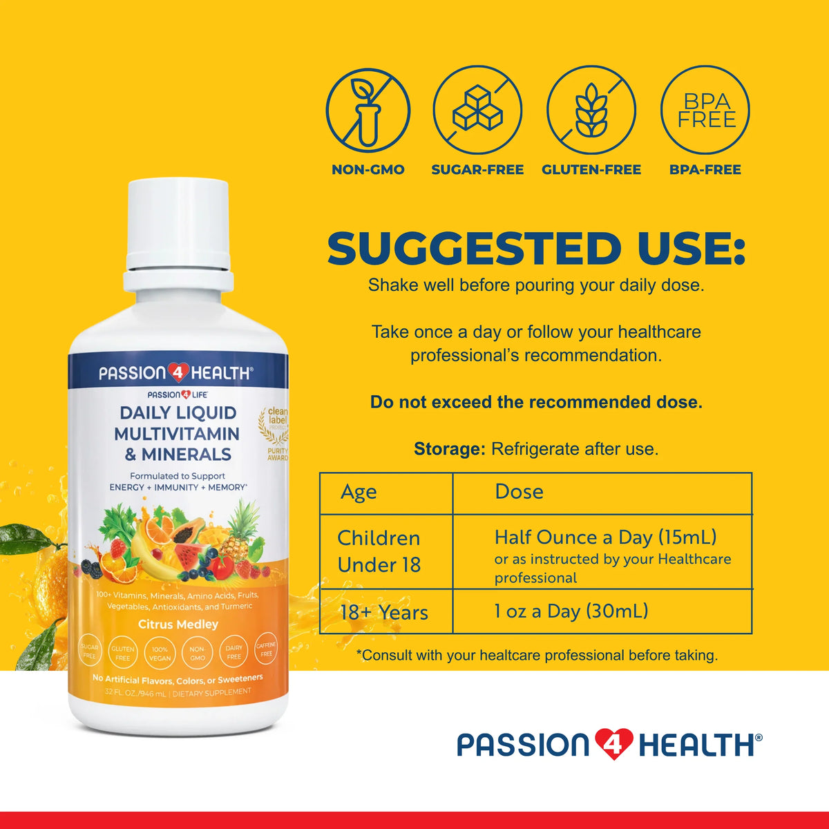 Passion 4 Health Daily Liquid Multivitamin with minerals in a 1 pack, showing the bottle with colorful liquid supplement inside.