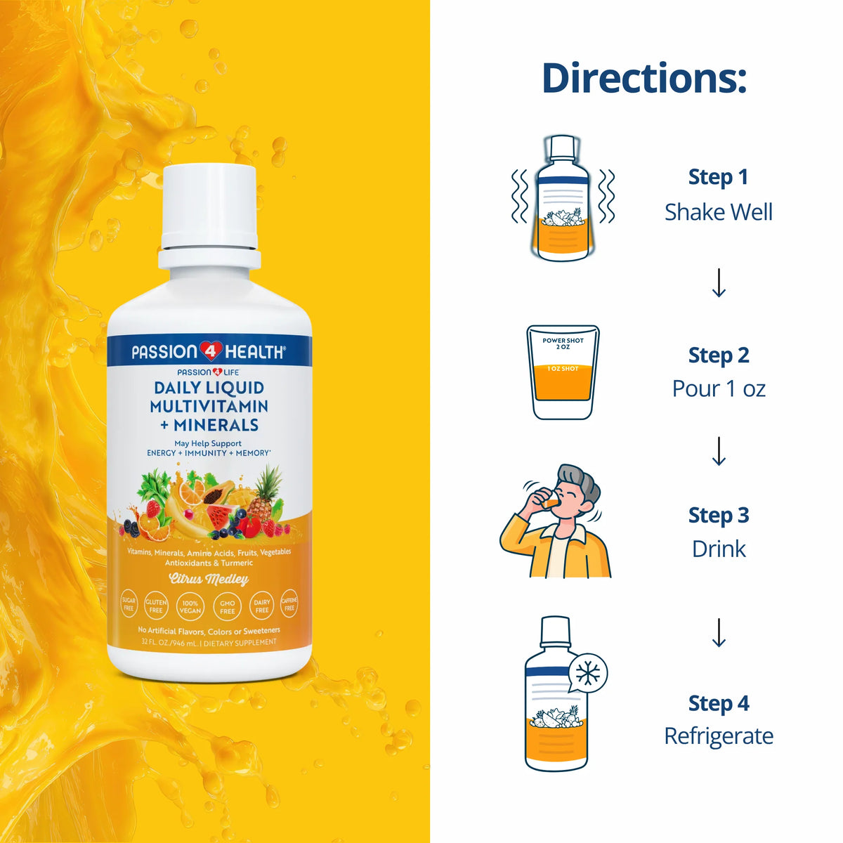 Passion 4 Health Daily Liquid Multivitamin with minerals in a 1-pack, showing the colorful liquid supplement bottle.