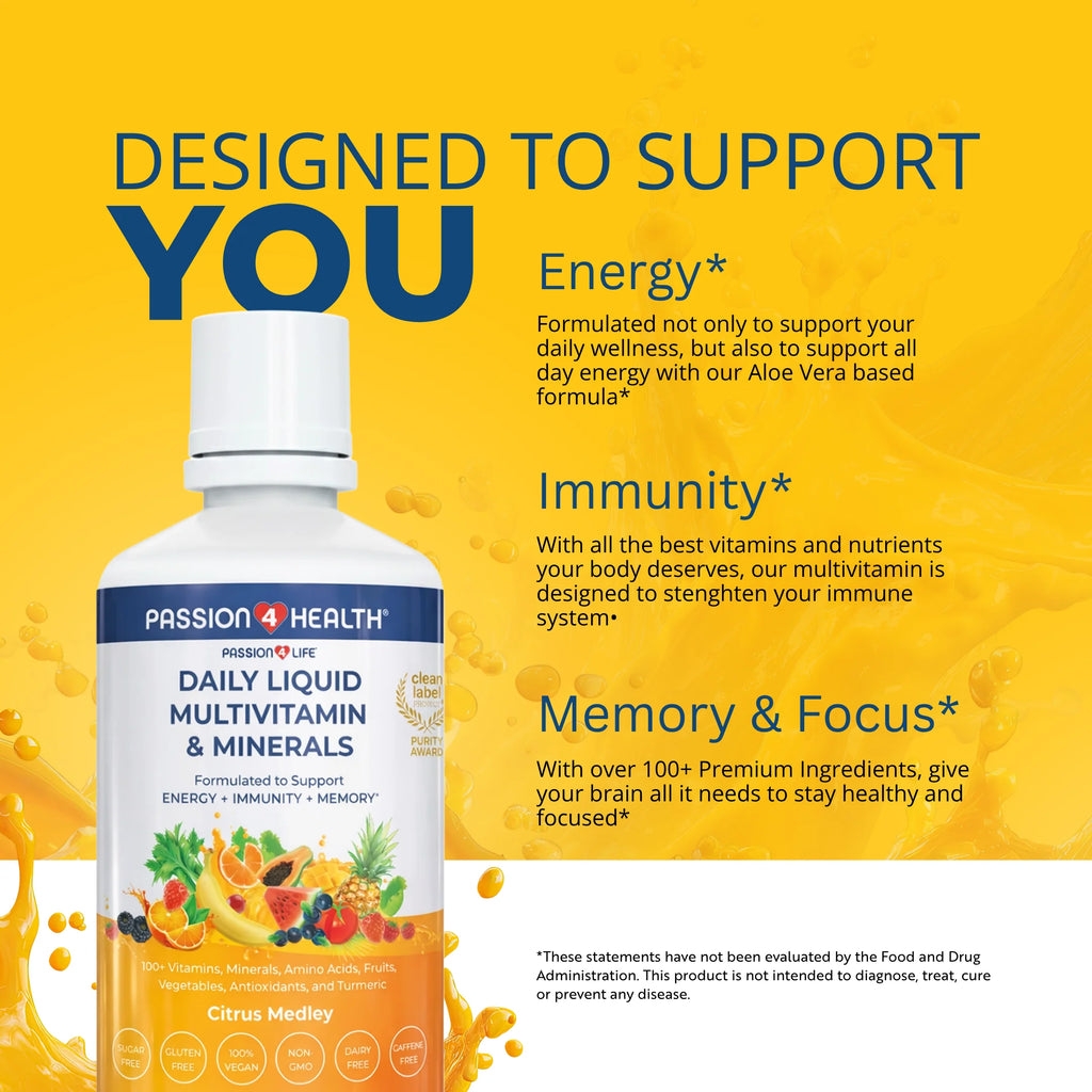 Passion 4 Health Daily Liquid Multivitamin + Minerals pack bottle with colorful label, supplement for daily nutritional support