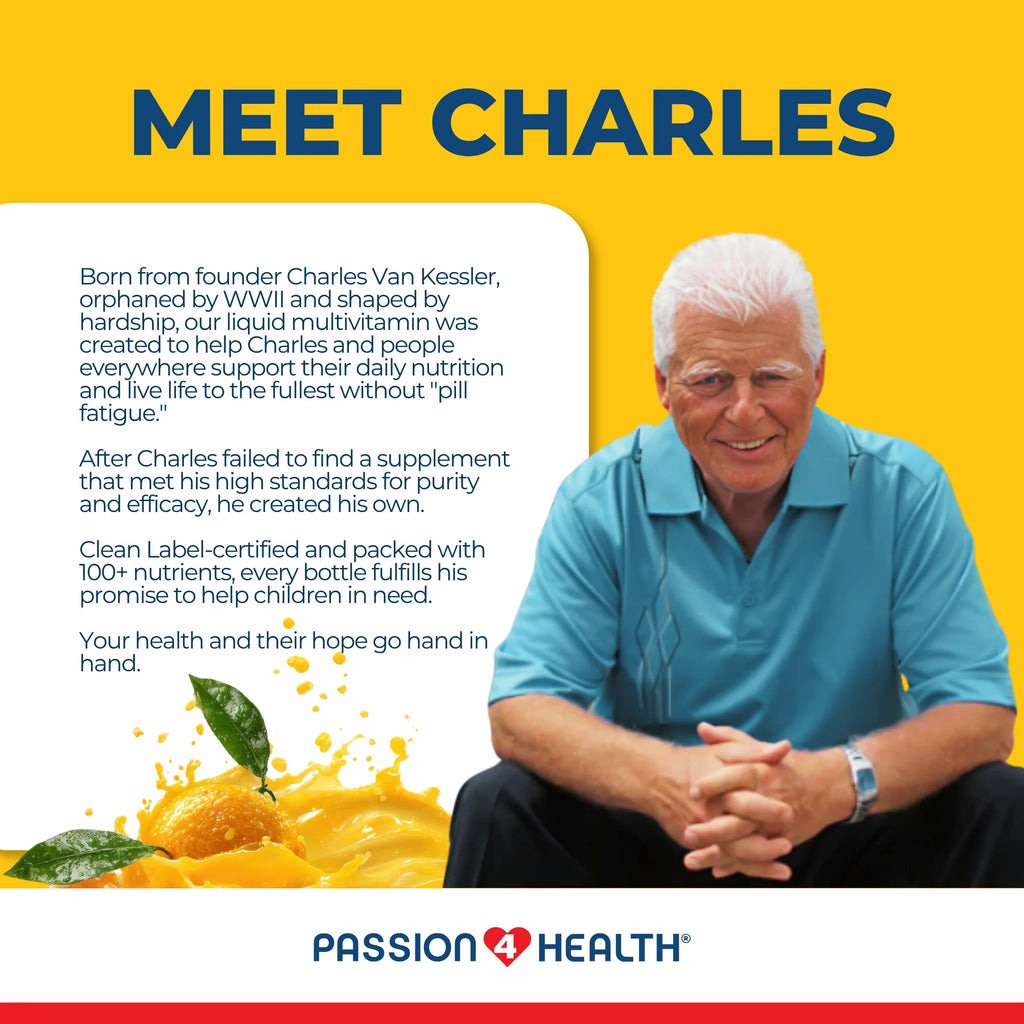 Passion 4 Health Daily Liquid Multivitamin with minerals in a 1-pack, showing the colorful liquid supplement in a glass.