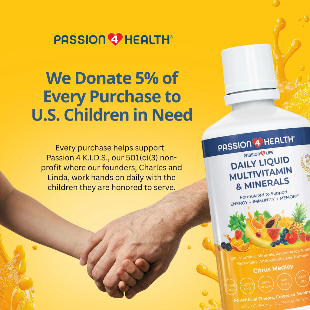 Bottle of Passion 4 Health Daily Liquid Multivitamin plus Minerals, showing the label and packaging.
