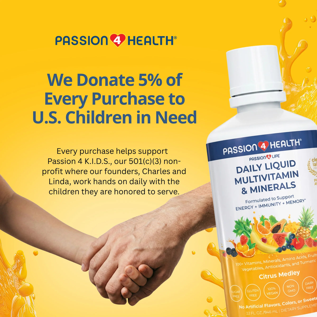 Bottle of Passion 4 Health Daily Liquid Multivitamin plus Minerals, showing the label and packaging.